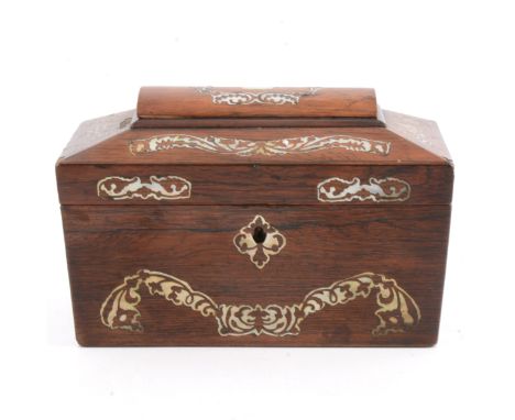 William IV rosewood sarcophagus-shape tea caddy, mother-of-pearl decoration, 25cm.
