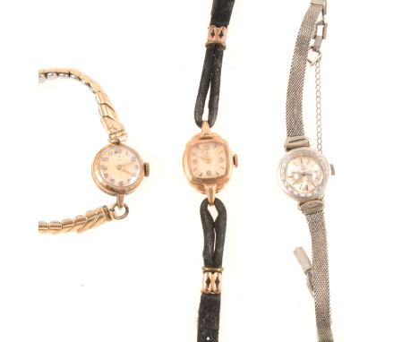 Three vintage wristwatches, a lady's Omega, 12mm circular silvered baton dial in a steel case with faceted glass, steel mesh 