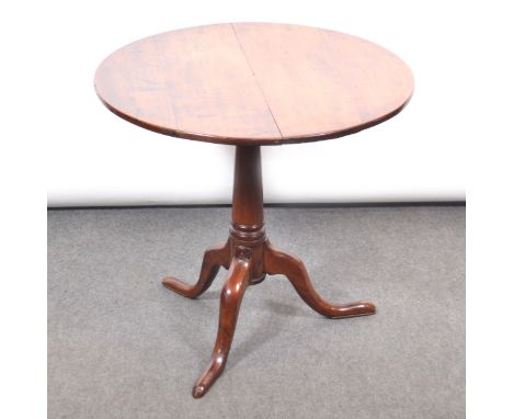 Georgian fruitwood tripod table, circular tilt top, tapering column, tripod legs, diameter 74cm, height 70cm.