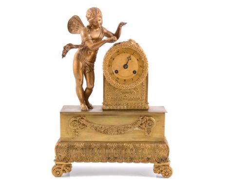 French 19th Century gilt spelter mantel clock, the case designed with a fairy, French sylinder movement signed Raingo Frs, st