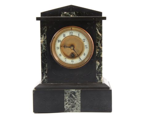 Victorian slate and marble mantel clock, architectural form, circular dial, French cylinder movement, non-striking, 28cm, no 