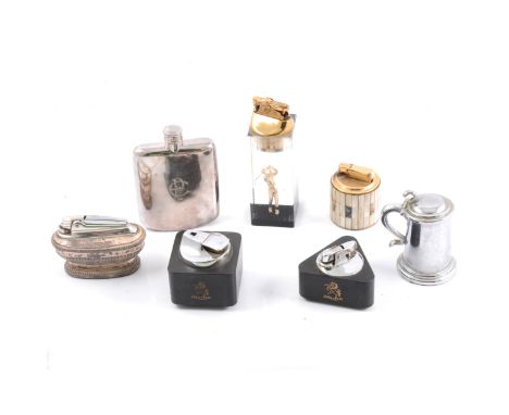 QUantity of novelty table lighters, including a Dunhill Lidded Tankard, two Ronson Invicta table lighters, Ronson Leona light