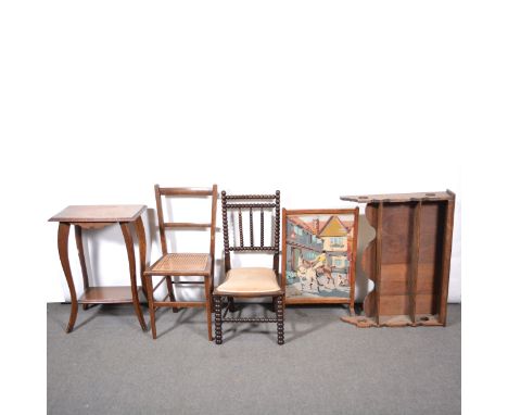 Oak two-shelf wall rack; oak occasional table, rectangular top, oak framed fire screen with a needlework panel; Edwardian bed