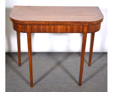 George III mahogany card table, D-shape foldover top enclosing a baize-lined interior, plain frieze, square tapering legs, wi