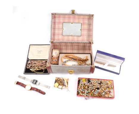 A vintage vanity case with simulated pearls in a Pearce &amp; Sons Leicester jewel box, paste necklaces and bracelet, 1960's 