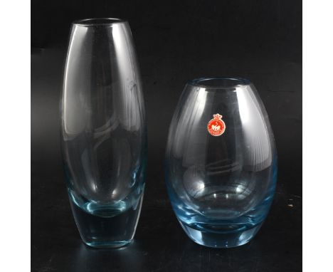 Per Lutken for Holmegaard - two Artic Blue vases, 23cm, 16cm, one with paper label.