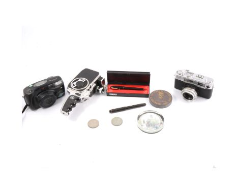 Metal cased time recording watch, commemorative crowns, Parker, Conway Stewart, and other pens; Yashica camera, other cameras