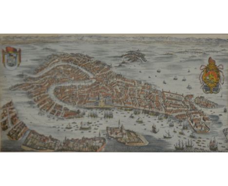 Reproduction print, La Citta di Venezia, 19cm x 44cm, framed and glazed; and Farm buildings, unsigned, watercolour, 26cm x 36
