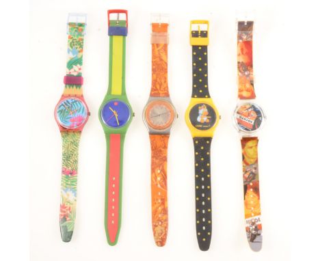 Five novelty wristwatches, Swatch Floral Story, another with Roman soldiers, a Nico design watch, Repsol design watch, anothe