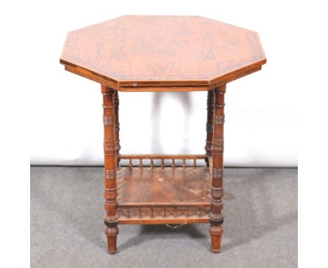 Victorian inlaid rosewood window table, octagonal top, turned and ringed legs joined by a shelf, the top 61x61cm, height 64cm