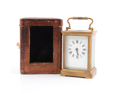French brass cased carriage clock, time-piece movement, enamelled dial, 12cm, in a leather case, with winding key.