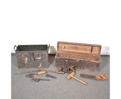 Garden and hand tools, in an old metal ammo tin and a wooden box.