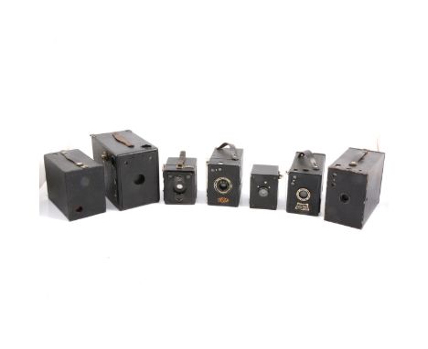 Seven early 20th-century box cameras; including Ensign 'Twenty'; Zeiss Ikon Box-Tengor; Apem camera; Rajar no.6; Kodak Browni
