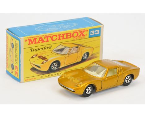 Matchbox Superfast 33a Lamborghini Miura - metallic gold body, ivory interior, bare metal base, 5-spoke solid narrow wheels w