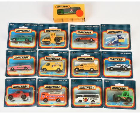 Matchbox Superfast MB Series Blister Card group to include MB52 Isuzu Amigo; MB59 Porsche 944 Turbo - metallic green; MB65 Ca