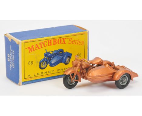Matchbox Regular Wheels 66b Harley Davidson Motorcycle & Sidecar - Stannard Code 1 - metallic copper body & base, wire wheels