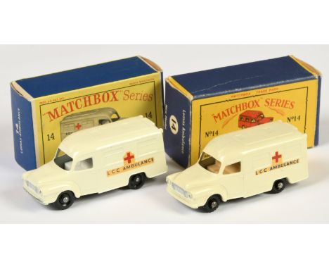 Matchbox Regular Wheels 14c Bedford Lomas Ambulance pair (1) off white body,, type B silver trim to grille &amp; headlamps on