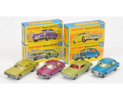Matchbox Superfast group of early 1970s Cars. (1) 31a Lincoln Continental - metallic lime green body with low arches, ivory i