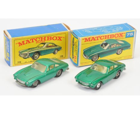 Matchbox Regular Wheels 75b Ferrari Berlinetta pair (1) very light metallic green body with silver trim, clear windows, ivory