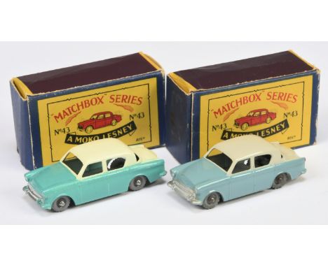Matchbox Regular Wheels 43a Hillman Minx pair (1) blue, grey body with hand applied silver trim, pale grey roof, metal wheels