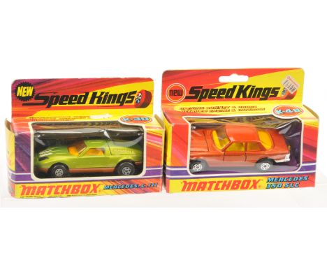 Matchbox Speed Kings pair of Mercedes Cars. (1) K30 Mercedes C111 - metallic lime green body, dark amber windows, white inter