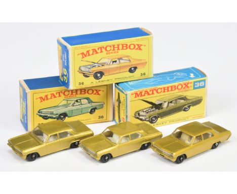 Matchbox Regular Wheels 36c Opel Diplomat group (1) metallic gold body with silver grille, chrome engine, clear windows, whit