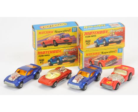 Matchbox Superfast group of early 1970's issue Cars. (1) 10b Ford Mustang Piston Popper - metallic dark blue body, dark amber