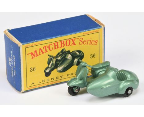 Matchbox Regular Wheels 36b Lambretta Scooter &amp; Sidecar - Stannard Code 2 - metallic silver-green body &amp; type A base,