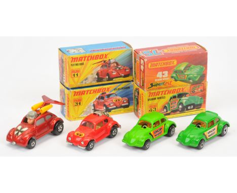 Matchbox Superfast group of Volkswagen Beetles. (1) 11b VW Beetle Flying Bug Dragster - metallic red body with heart shaped h