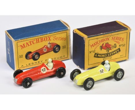 Matchbox Regular Wheels 52a 1948 Maserati 4CLT Racing Car pair (1) red body with racing number 52 decals, cream driver, gloss