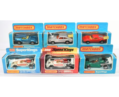 Matchbox Super Kings group of Cars mostly in generic KP1 blue window boxes to include K72 Brabham BT44B Racing Car - metallic