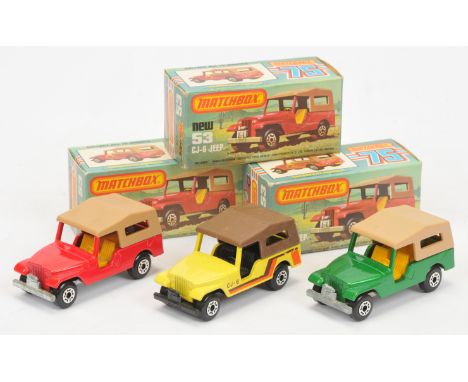Matchbox Superfast 53c Jeep CJ6 group (1) red body, tan roof, yellow interior, bare metal "CJ6 Jeep" base, 5-crown wheels; (2