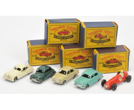 Matchbox Regular Wheels group of Cars. (1) 30a Ford Prefect - fawn body with silver trim, satin black base, metal wheels with