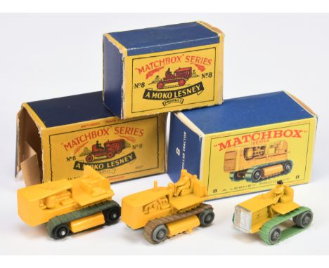 Matchbox Regular Caterpillar Tractor group (1) 8a yellow, silver trim, metal rollers with flat crimped axles, green rubber tr