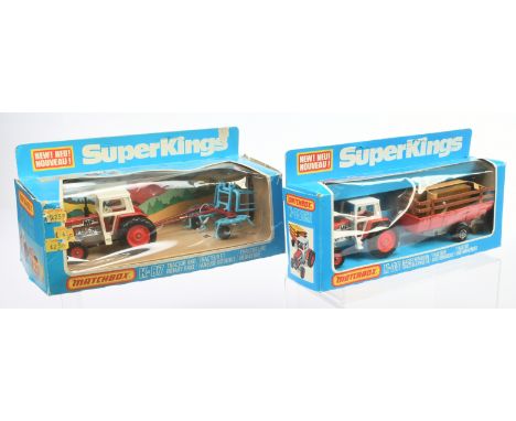 Matchbox Super Kings Tractor pair (1) K35 Massey Ferguson 595 Tractor &amp; Trailer - red including hubs, white, chrome engin