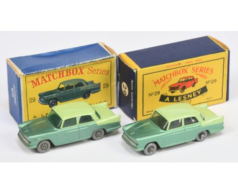 Matchbox Regular Wheels 29b Austin A55 Cambridge pair (1) two-tone green body with rear silver trim &amp; red tail-lamps, win