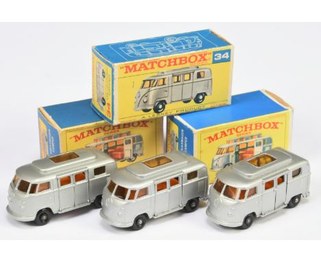 Matchbox Regular Wheels 34c Volkswagen Camper Van group (1) metallic silver body with roof down, short handle, amber windows,