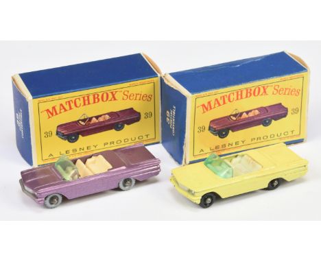 Matchbox Regular Wheels pair of 39b Pontiac Bonneville Convertibles (1) primrose yellow body with silver trim to grille &amp;