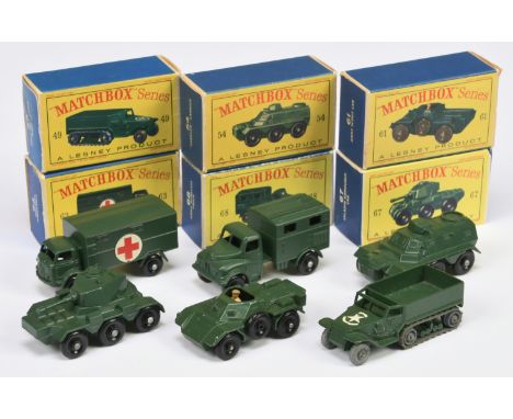 Matchbox Regular Wheels Military group to include 49a US Army Half Track with metal rollers with original &amp; pliable grey 