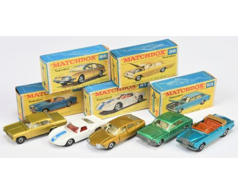 Matchbox Superfast group of Cars in early issue transitional boxes all have 5 spoke narrow wheels (1) 36a Opel Diplomat - met