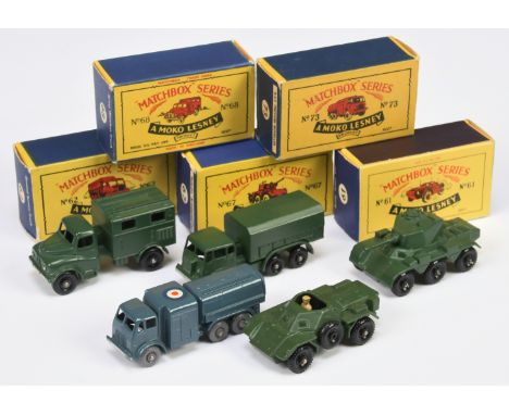 Matchbox Regular Wheels group of Military Vehicles to include 61a Ferret Scout Car - cast open mudguards, tan driver; 62a AEC