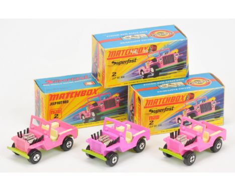 Matchbox Superfast 2b Jeep Hot Rod group (1) bright pink body lime green base, 4-spoke wheels, pale yellow interior (2) simil