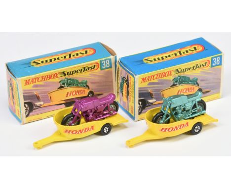 Matchbox Superfast 38a Honda Motorcycle &amp; Trailer pair (1) metallic aqua Motorcycle, yellow Trailer with Honda labels, 5-