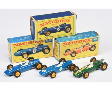 Matchbox Regular Wheels group of Racing Cars. (1) 19d Lotus F1 Racing Car - dark green body, racing number 3 bonnet decal, mi