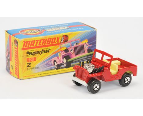 Matchbox Superfast 2b Jeep Hot Rod - red body, pale yellow interior, white base, 4-spoke wide wheels - Near Mint in Excellent