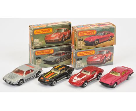 Matchbox Superfast group of Cars (1) 62d Chevrolet Corvette - Metallic Red body, with white stripe hood tampo print, clear wi
