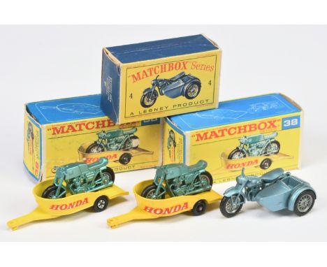Matchbox Regular Wheels Motorcycle group (1) 38c Honda Motorcycle &amp; Trailer - yellow trailer with large Honda decals, met