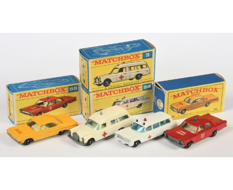 Matchbox Regular Wheels group (1) 3c Mercedes Benz Ambulance - cream body, light blue windows, door labels, with patient on s