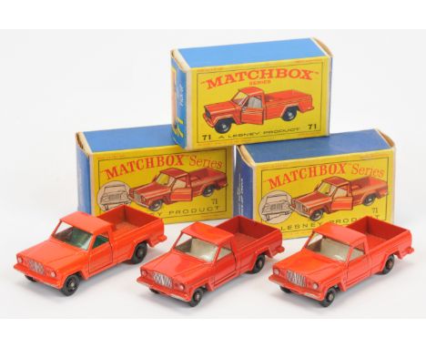 Matchbox Regular Wheels 71b Jeep Gladiator Pick-up Truck group (1) orange red body, green interior, gloss black base without 