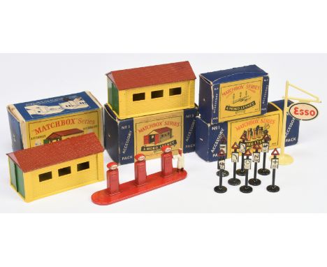 Matchbox Accessory Pack group (1) Accessory Pack A1 Esso Petrol Pumps (2) A3 Garage - yellow, rustic brown roof, green openin